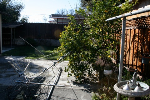 Back yard with old aerial TV antenna from roof