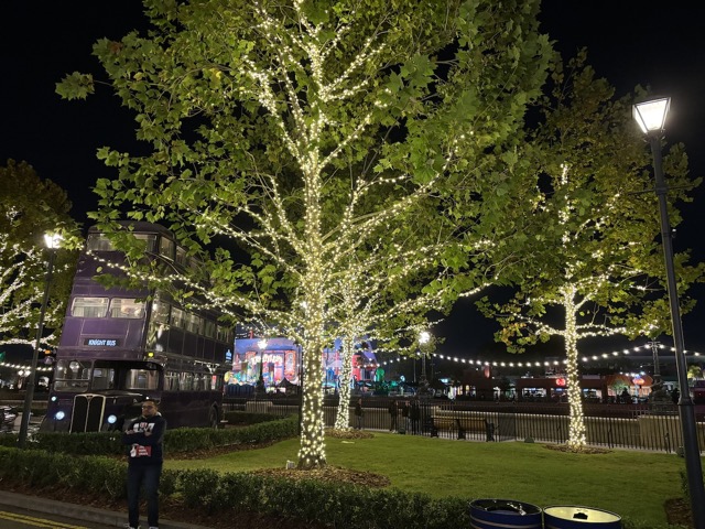 Outside Harry Potter land at night