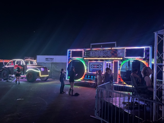 Beatbox Art Car which had its brakes fail and crashed into one of the stages