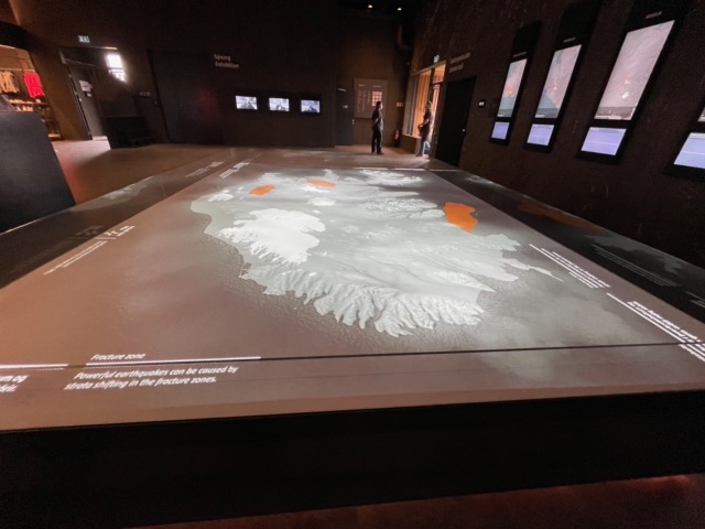 3D projection map of Iceland showing volcanic activity at the LAVA Centre in Hvolsvöllur⁩