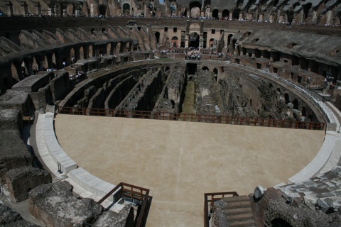 Inside of the colosseum.  The biege area is a reconstruction of what the arena floor would have looked like.