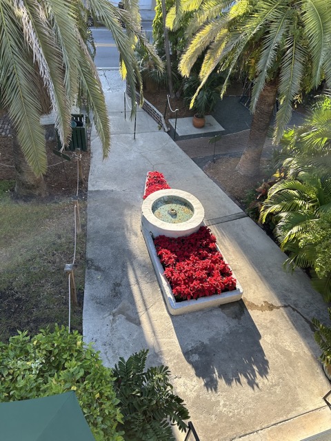 Fountain and planters shaped like a ship