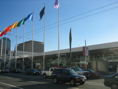 Rainbow flags in front of the Moscone Center