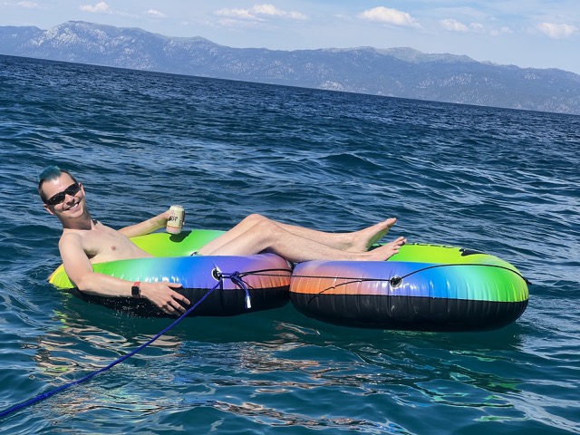 James relaxing in a tube