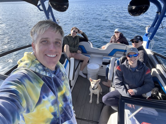 Myke, Geno, Charlotte, Donovan, and James on the first boat trip of the year