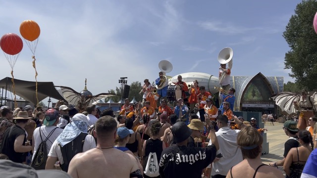 The Red Bull Marching Band pumps up the crowd in the Marketplace area