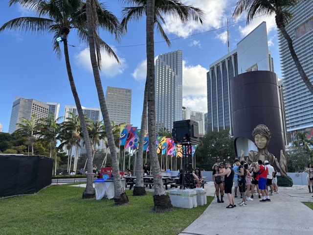 Center of Bayfront Park with downtown Miami in the background
