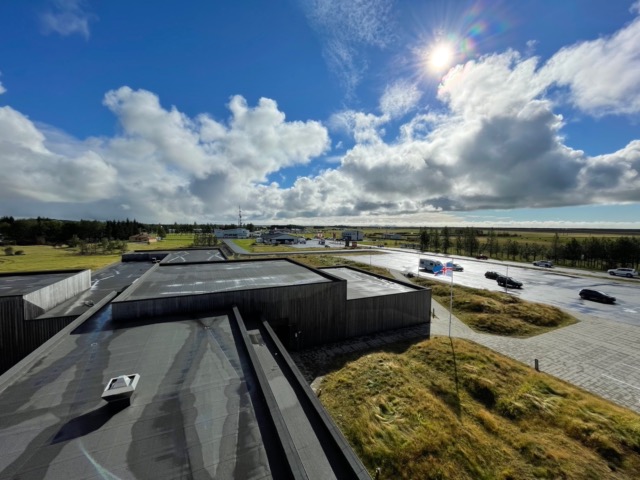 Rooftop deck at the LAVA Centre viewing the surrounding town of Hvolsvöllur⁩